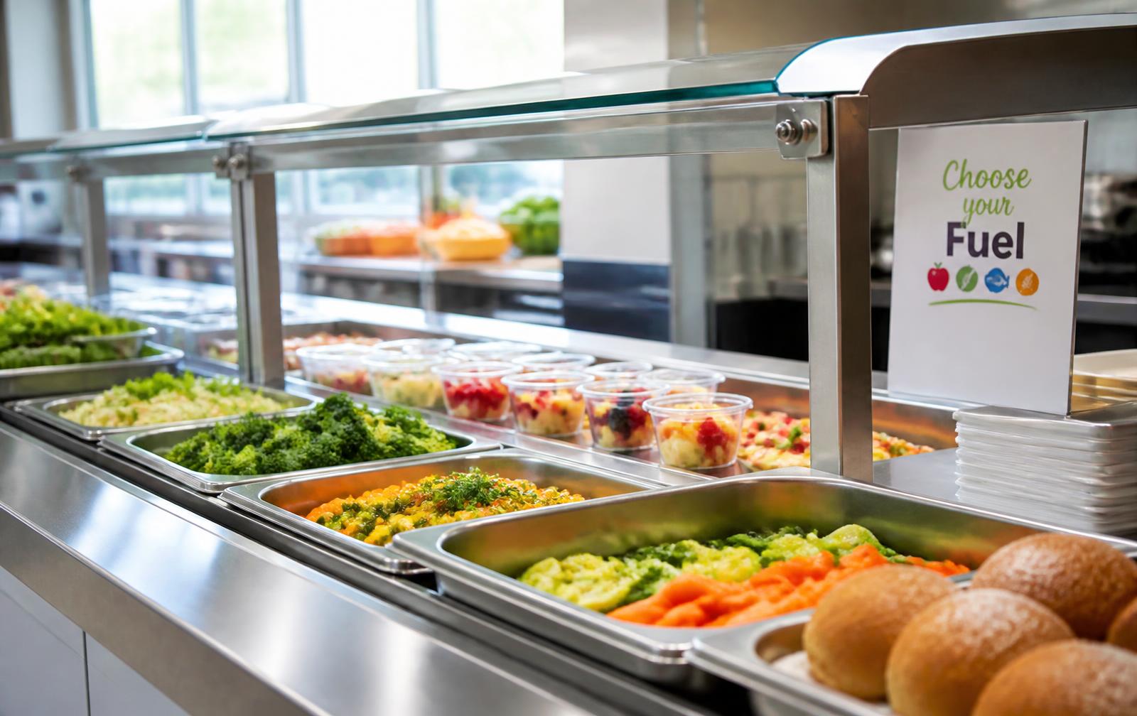 School cafeteria serving line with fresh vegetables, fruit cups and whole grain rolls