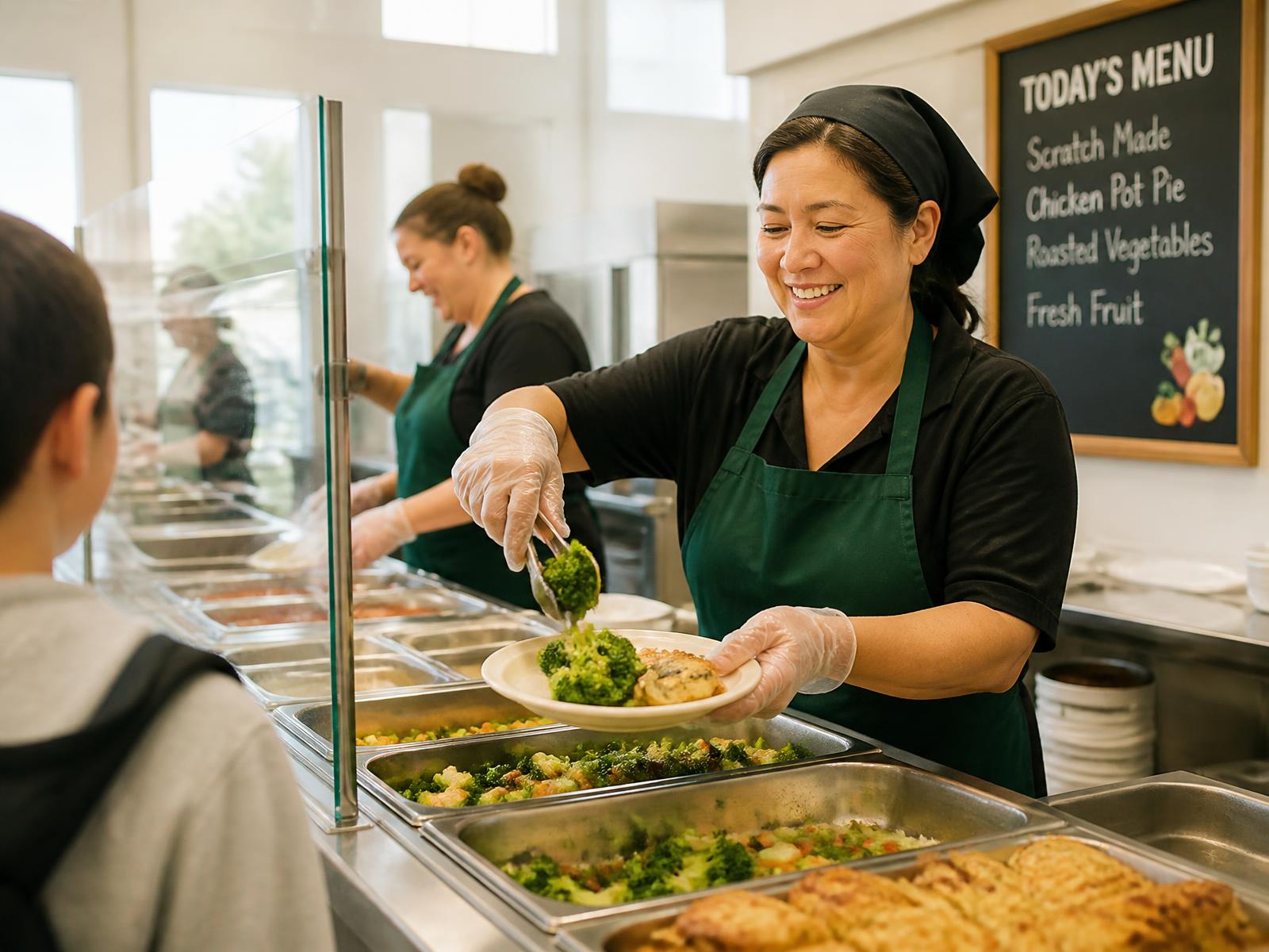 Nourish food service staff plating fresh scratch-made meals on a cafeteria serving line