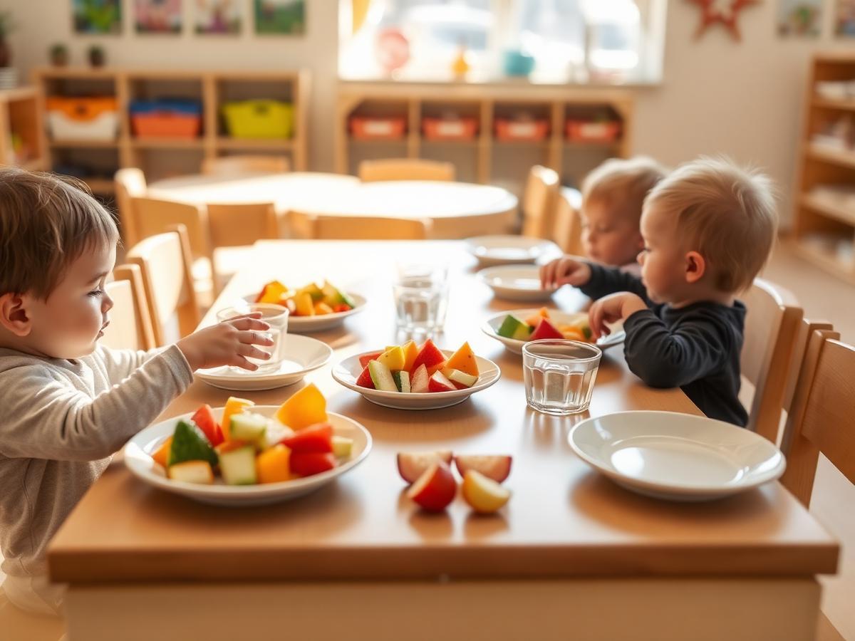 Toddler-portioned meals with fresh fruit on a childcare classroom table