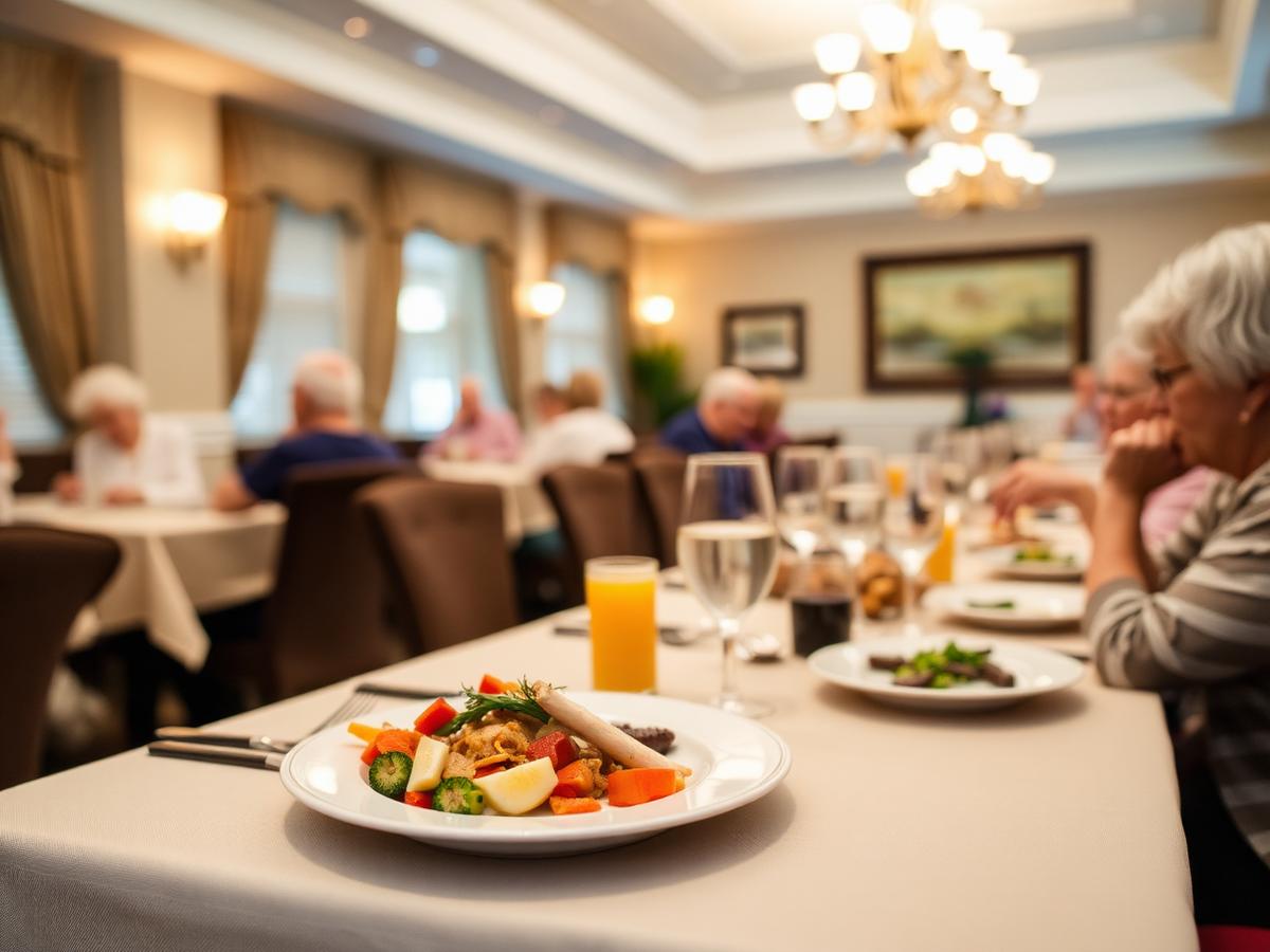Plated dinner on a linen table setting in a senior living dining room